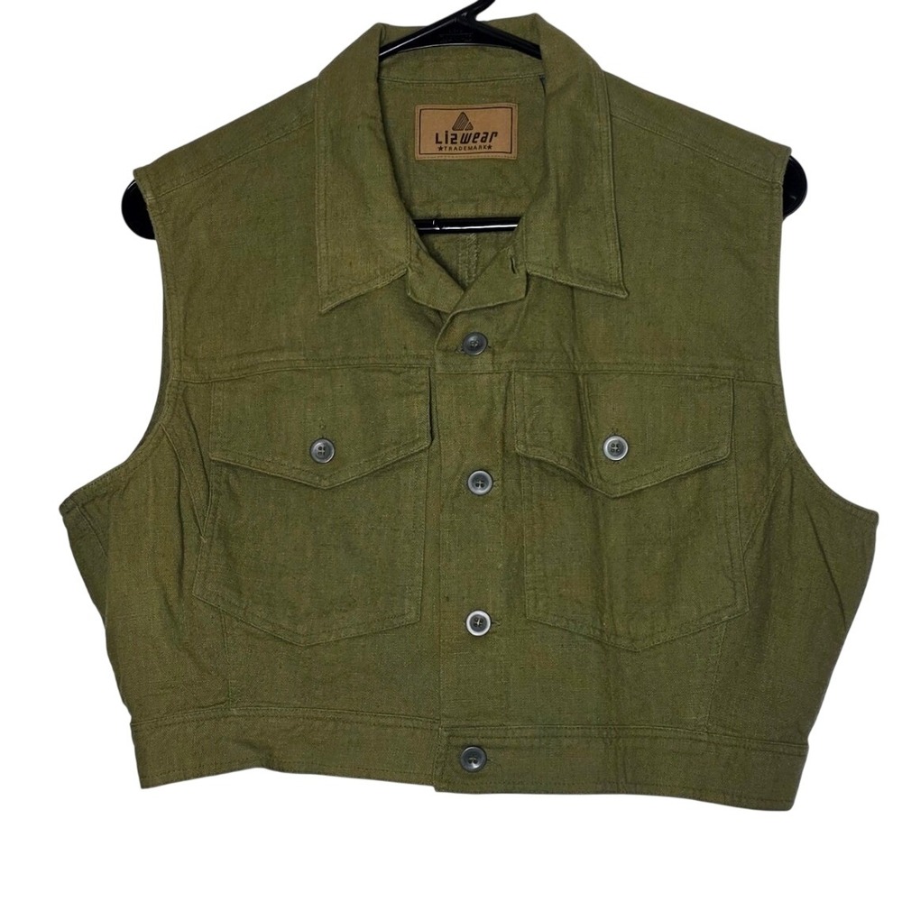 Lizwear Vintage 90s Cropped Cotton Canvas Vest Olive Green Size 14 NWT